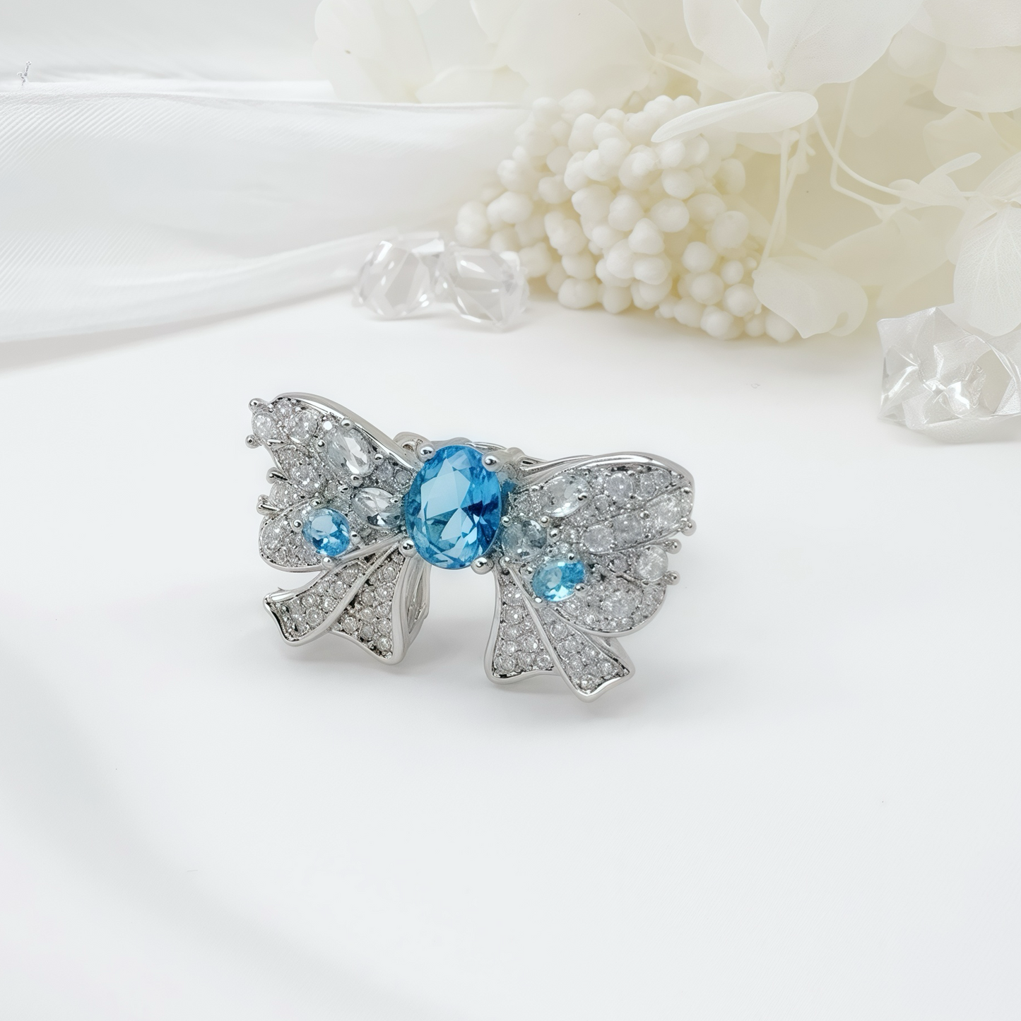 Aquamarine Topaz Butterfly Full Pavé Ring