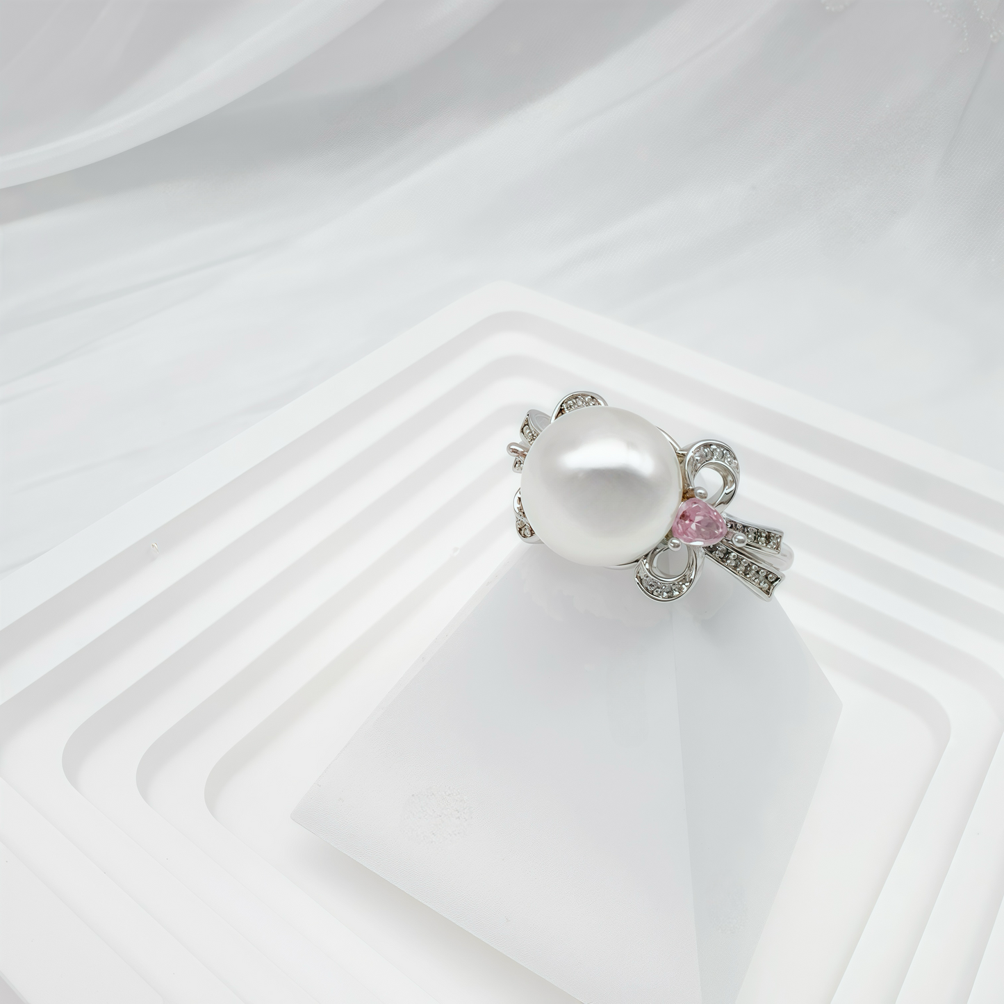 South Sea White Pearl & Pink Zircon Teardrop Ring