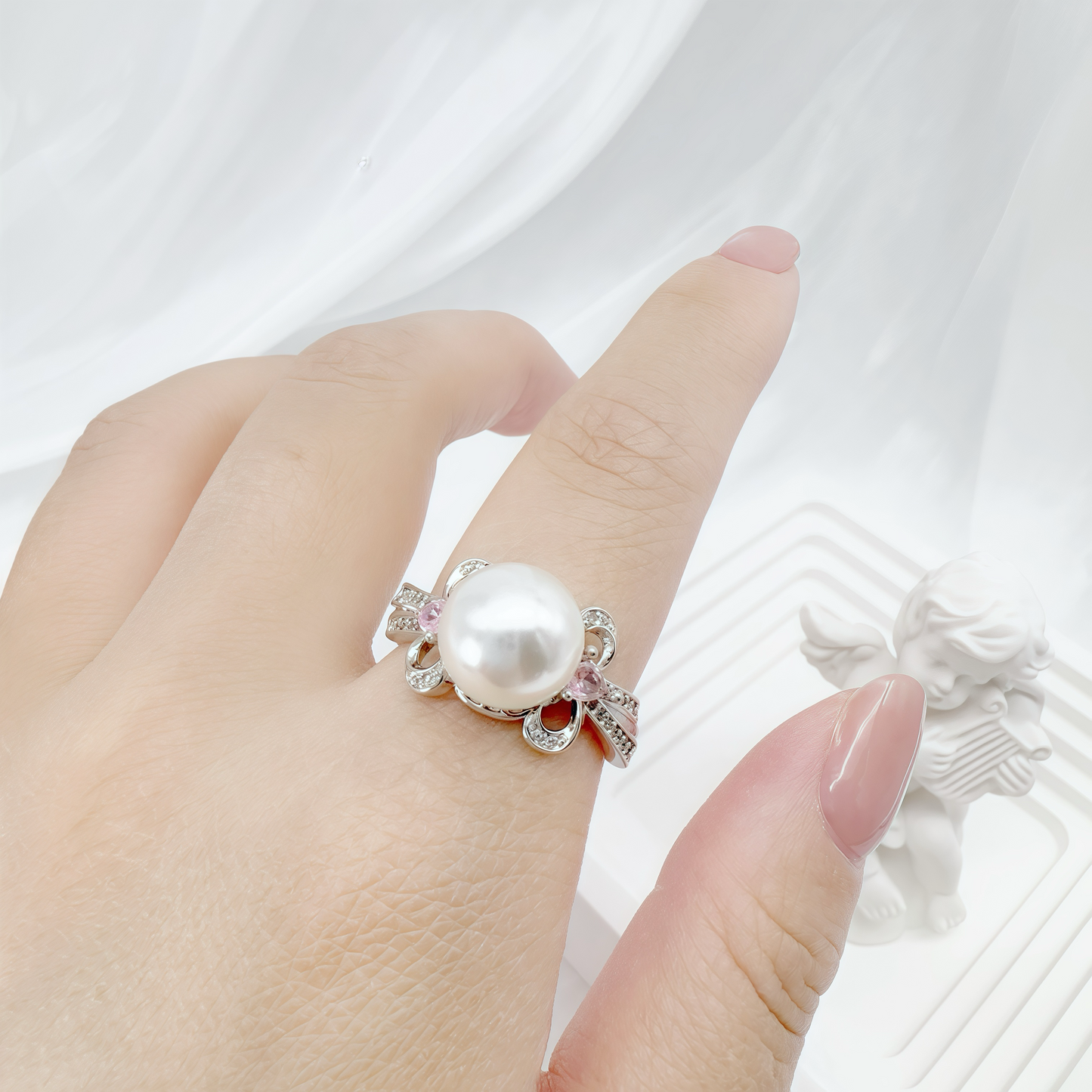 South Sea White Pearl & Pink Zircon Teardrop Ring