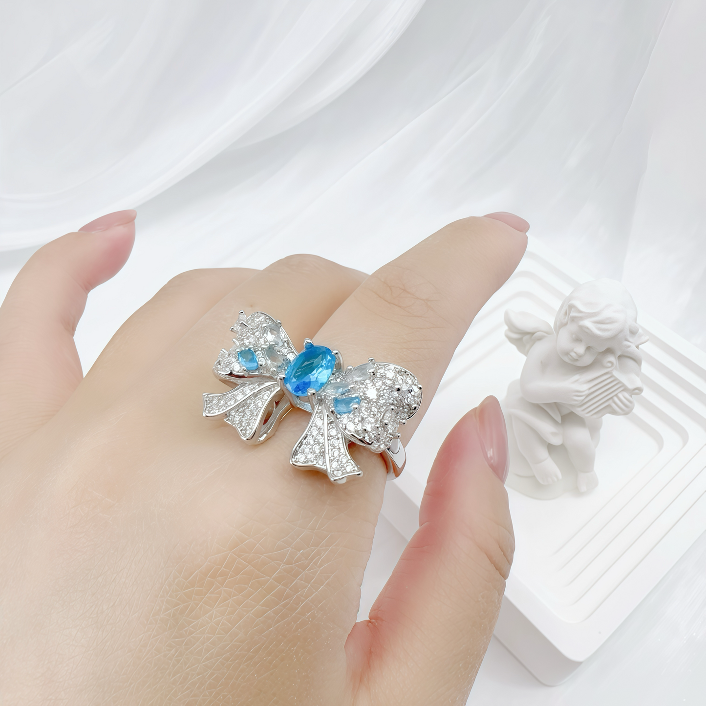 Aquamarine Topaz Butterfly Full Pavé Ring