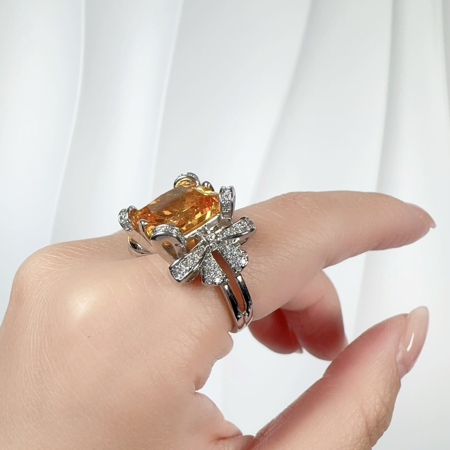 Amber Cushion-Cut Ribbon Ring